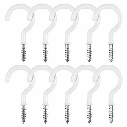Picture of Vinyl Coated Ceiling Hooks - Pack of 10, White, Multipurpose 2 Inches Hook and 0.9 Inches Screw for Hanging Stuff