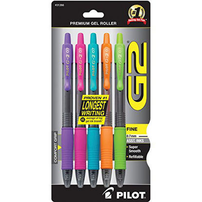 Picture of PILOT G2 Premium Refillable & Retractable Rolling Ball Gel Pens, Fine Point, Purple/Pink/Turquoise/Orange/Lime Inks, 5-Pack (31266)