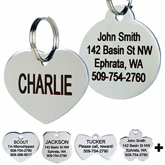Picture of GoTags Stainless Steel Pet ID Tags, Personalized Dog Tags and Cat Tags, up to 8 Lines of Custom Text Engraved on Both Sides, in Bone, Round, Heart, Bow Tie, Flower, Star and More (Heart, Regular)