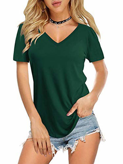 Picture of Amoretu Women's V Neck Shirts Short Sleeve Plain Summer Blouses Tops(Green,2XL)