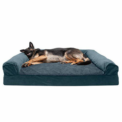 Picture of Furhaven Pet Dog Bed - Cooling Gel Memory Foam Faux Fleece and Chenille Soft Woven Traditional Sofa-Style Living Room Couch Pet Bed with Removable Cover for Dogs and Cats, Orion Blue, Jumbo Plus