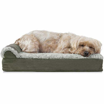 Picture of Furhaven Pet Dog Bed - Deluxe Orthopedic Two-Tone Plush and Suede L Shaped Chaise Lounge Living Room Corner Couch Pet Bed with Removable Cover for Dogs and Cats, Dark Sage, Small
