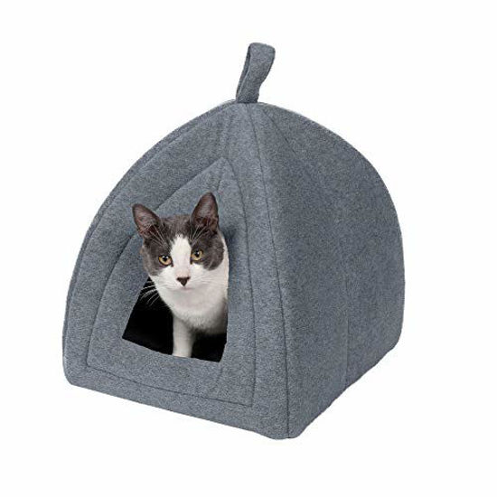 Picture of Furhaven Pet Cat Bed - Triangle Hooded Tent House Cave Fleece Dome Lounger Hood Pet Bed for Cats and Small Dogs, Heather Gray, One-Size