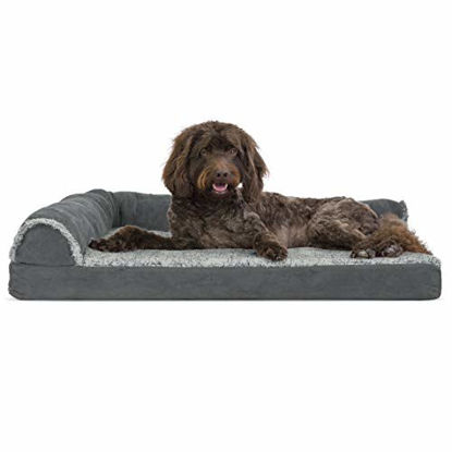 Picture of Furhaven Pet Dog Bed - Deluxe Cooling Gel Memory Foam Two-Tone Plush and Suede L Shaped Chaise Lounge Living Room Corner Couch Pet Bed with Removable Cover for Dogs and Cats, Stone Gray, Large