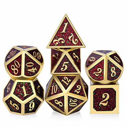 Picture of Metal DND Dice Set,DNDND Speckled Zinc Alloy Polyhedral Dice with Free Metal Tin for Dungeons and Dragons D&D Roleplaying Table Games (Gold Number with Red)