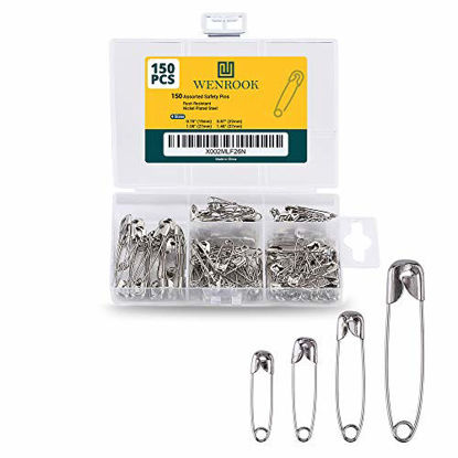 Picture of Wenrook Safety Pins Assorted 4-Size Pack of 150 - Nickel Plated Steel, Rust Resistant, Perfect for Clothes, Crafts, Sewing, Pinning and More