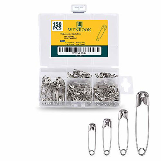 Picture of Wenrook Safety Pins Assorted 4-Size Pack of 150 - Nickel Plated Steel, Rust Resistant, Perfect for Clothes, Crafts, Sewing, Pinning and More