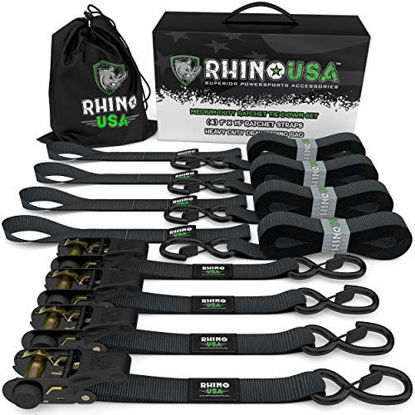 Picture of RHINO USA Ratchet Straps (4PK) - 1,823lb Guaranteed Max Break Strength, Includes (4) Premium 1in x 15ft Rachet Tie Downs with Padded Handles. Best for Moving, Securing Cargo (BLACK)