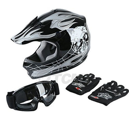 Picture of TCMT Dot Youth & Kids Motocross Offroad Street Helmet Motorcycle Youth Helmet Dirt Bike Motocross ATV Helmet+Goggles+Gloves (X-Large, Pattern:Black Skull)
