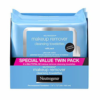Picture of Neutrogena Makeup Remover Cleansing Face Wipes, Daily Cleansing Facial Towelettes to Remove Waterproof Makeup and Mascara, Alcohol-Free, Value Twin Pack, 25 Count, 2 Pack