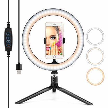 Picture of 10 Ring Light LED Desktop Selfie Ring Light USB LED Desk Camera Ringlight 3 Colors Light with Tripod Stand iPhone Cell Phone Holder and Remote Control for Photography Makeup Live Streaming