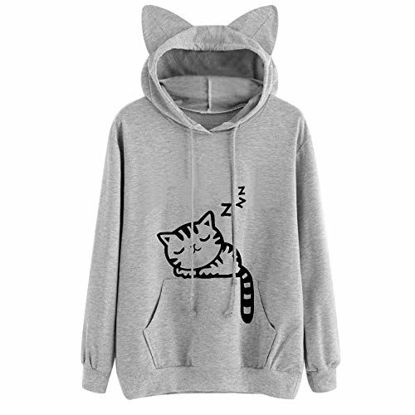 Picture of Meikosks Women's Cat Print Hoodie Long Sleeve Sweatshirts Loose Hooded Pullover Casual Blouses Tops