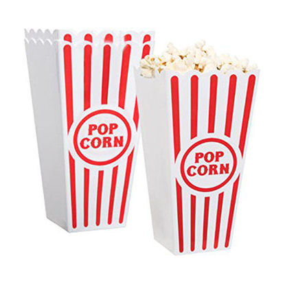 Picture of [Novelty Place] Plastic Red & White Striped Classic Popcorn Containers for Movie Night - 4" Square x 8" Deep (4 Pack)