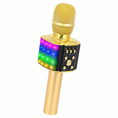 Picture of BONAOK Bluetooth Karaoke Wireless Microphone with controllable LED Lights, 4 in 1 Portable Karaoke Machine Speaker for Android/iPhone/PC (Gold)