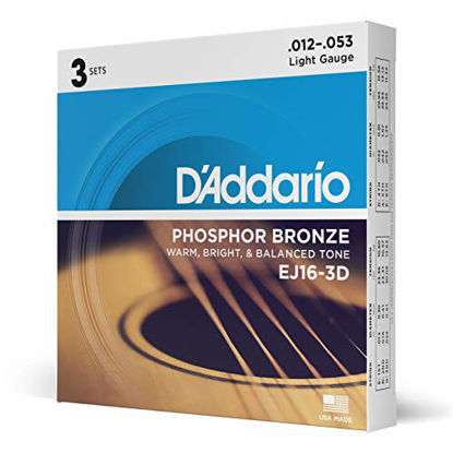 Picture of DAddario EJ16-3D Phosphor Bronze Acoustic Guitar Strings, Light Tension - Corrosion-Resistant Phosphor Bronze, Offers a Warm, Bright and Well-Balanced Acoustic Tone - Pack of 3 Sets