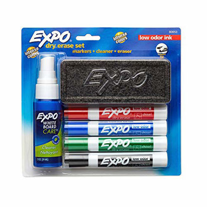 Picture of Expo Low Odor Dry Erase Marker Set with White Board Eraser and Cleaner | Chisel Tip Dry Erase Markers | Assorted Colors, 6-Piece Set with Whiteboard Cleaner