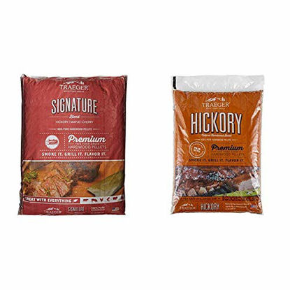 Picture of Traeger Grills PEL331 Signature Blend 100% All-Natural Hardwood Pellets - Grill, Smoke, Bake, Roast, Braise, and BBQ (20 lb. Bag) & PEL319 Hickory 100% All-Natural Hardwood Grill Pellets