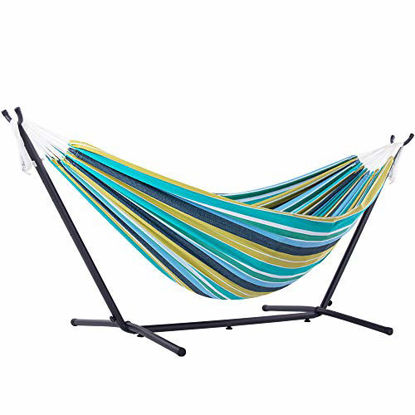 Picture of Vivere Double Cotton Hammock with Space Saving Steel Stand, Cayo Reef (450 lb Capacity - Premium Carry Bag Included)