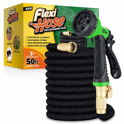 Picture of Flexi Hose with 8 Function Nozzle, Lightweight Expandable Garden Hose, No-Kink Flexibility, 3/4 Inch Solid Brass Fittings and Double Latex Core