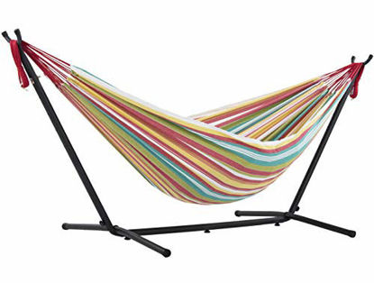 Picture of Vivere Double Cotton Hammock with Space Saving Steel Stand, Salsa (450 lb Capacity - Premium Carry Bag Included)