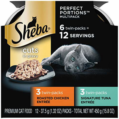 Picture of SHEBA PERFECT PORTIONS Soft Wet Cat Food Cuts in Gravy Signature Tuna Entrée & Roasted Chicken Entrée Variety Pack, (6) 2.6 oz. Easy Peel Twin-Pack Trays (Pack of 2)