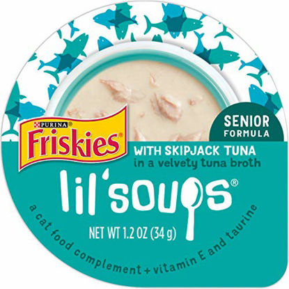 Picture of Purina Friskies Natural, Grain Free Senior Broth Wet Cat Food Complement, Lil' Soups Skipjack Tuna - (8) 1.2 oz. Tubs