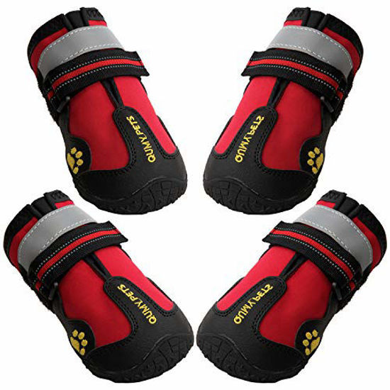 Picture of QUMY Dog Boots Waterproof Shoes for Large Dogs with Reflective Straps Rugged Anti-Slip Sole Black 4PCS (Size 7: 3.1"x2.7"(LW), Red)