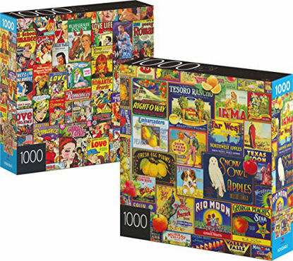 Picture of 2-Pack of 1000-Piece Jigsaw Puzzles, for Adults, Families, and Kids Ages 8 and up, Retro Comics and Fruit Labels