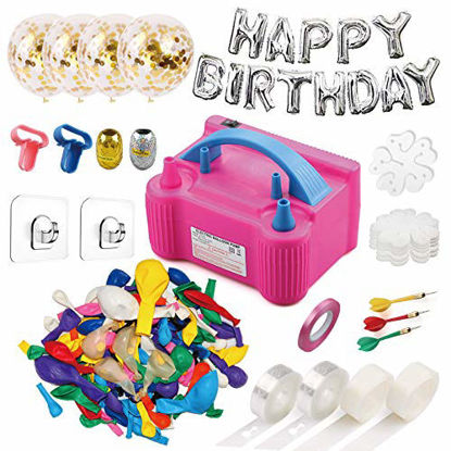 Picture of 214 Pcs Balloon Pump Set- Electric Air Balloon Blower Pump, Balloon Inflator 110V 600W Portable Dual Nozzles - Balloon Decorating Strip Kit for Arch Garland + 32Ft Balloon Tape Strip, 2 Tying Tool, 200 Dot Glue, 10 Ballon Flower Clip, 3 Rolls Colored Ribbon for Party Wedding Birthday Xmas Baby Shower DIY
