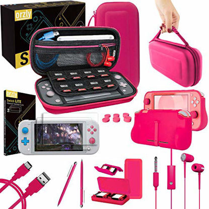 Picture of Orzly Accessories Bundle for Switch Lite - Case & Screen Protector for Nintendo Switch Lite Console, USB Cable, Games Holder, Comfort Grip Case, Headphones, Thumb-Grip Pack & More - Pink