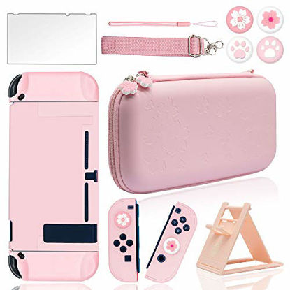 Picture of BRHE Pink Travel Carrying Case Accessories Kit for Nintendo Switch with Hard Protective Cover, Glass Screen Protector, Ultra-thin Adjustable Stand and Thumb Grip Caps 10 in 1