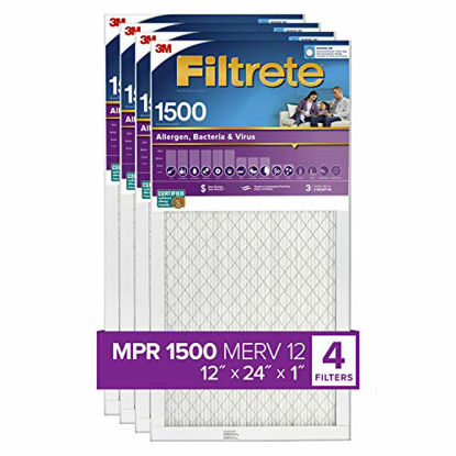 Picture of Filtrete 12x24x1, AC Furnace Air Filter, MPR 1500, Healthy Living Ultra Allergen, 4-Pack (exact dimensions 11.69 x 23.69 x 0.78)