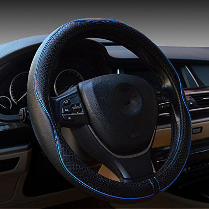 Picture of Valleycomfy Universal 15 inch Auto Car Steering Wheel Cover with Black Genuine Leather add Blue Lines for Escape Fusion Focus Corolla Prius Rav4 Tacoma Camry,etc.