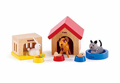 Picture of Family Pets Wooden Dollhouse Animal Set by Hape | Complete Your Wooden Dolls House with Happy Dog, Cat, Bunny Pet Set with Complimentary Houses and Food Bowls