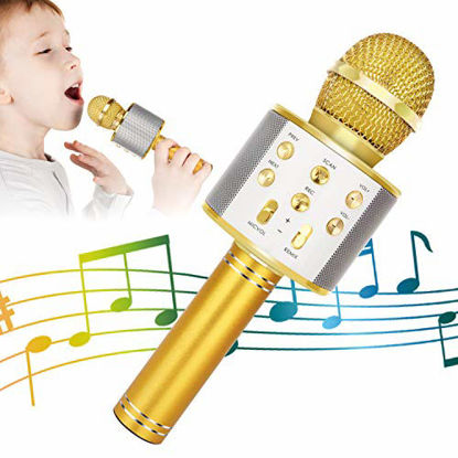Picture of KIDWILL Wireless Bluetooth Karaoke Microphone, 5-in-1 Portable Handheld Karaoke Mic Speaker Player Recorder with Adjustable Remix FM Radio for Kids Adults Birthday Party KTV Christmas (Gold)