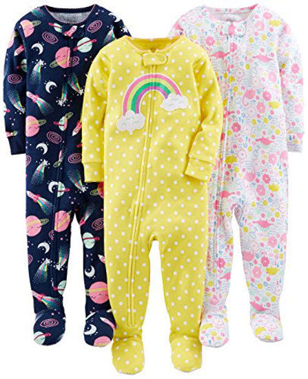 Picture of Simple Joys by Carter's Baby Girls' 3-Pack Snug-Fit Footed Cotton Pajamas, Dinosaur, Space, Rainbow, 12 Months