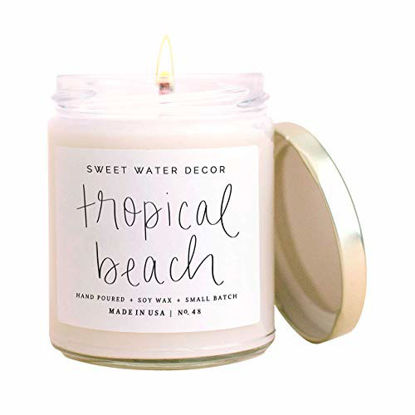 Picture of Sweet Water Decor Tropical Beach Candle | Strawberry, Coconut, Peach, and Vanilla Tropical Summer Scented Soy Wax Candle for Home | 9oz Clear Glass Jar, 40 Hour Burn Time, Made in the USA