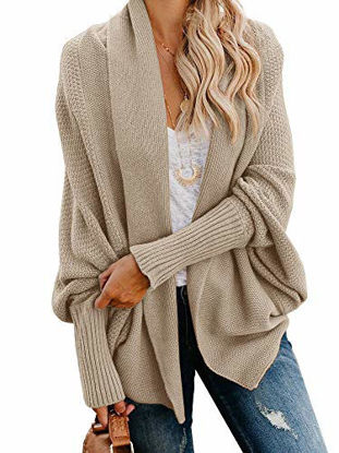 Picture of Imily Bela Womens Kimono Batwing Cable Knitted Slouchy Oversized Wrap Cardigan Sweater (Medium, A-Khaki)