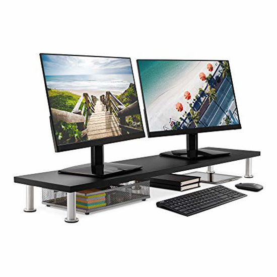Picture of Large Dual Monitor Stand for Computer Screens - Solid Bamboo Riser Support The Heaviest Monitors, Printers, Laptops or TVs - Perfect Shelf Organizer for Office Desk Accessories & TV Stands (Black)