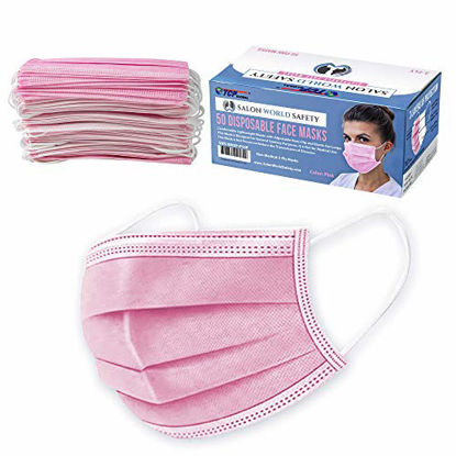 Picture of TCP Global Salon World Safety - Sealed Dispenser Box of 50 Pink Face Masks Breathable Disposable 3-Ply Protective PPE with Nose Clip and Ear Loops