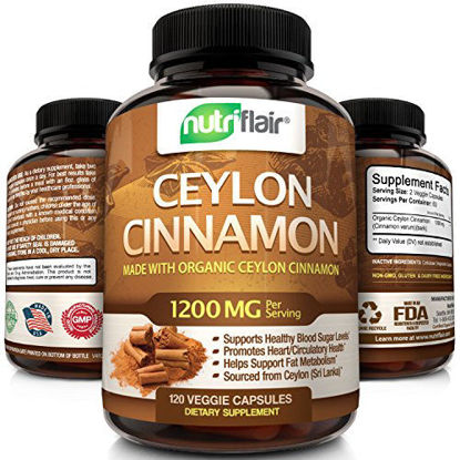 Picture of NutriFlair Ceylon Cinnamon (Made with Organic Ceylon Cinnamon) 1200mg per Serving, 120 Capsules - Healthy Blood Sugar Support, Joint Support, Anti-inflammatory & Antioxidant - True Sri Lanka Cinnamon