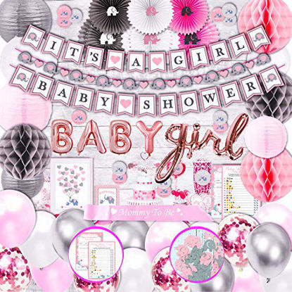Picture of 305 Piece Pink Elephant Baby Shower Decorations for Girl Kit - It's a Girl Pre-Strung Banners Garland Guestbook Sash Balloons Cake Toppers Paper Fans Lanterns Napkins Straws Games & Thank You Stickers