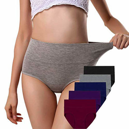 Picture of Women's High Waisted Cotton Underwear Soft Breathable Panties Stretch Briefs (5 Pack in 5 Drak Colors, L)