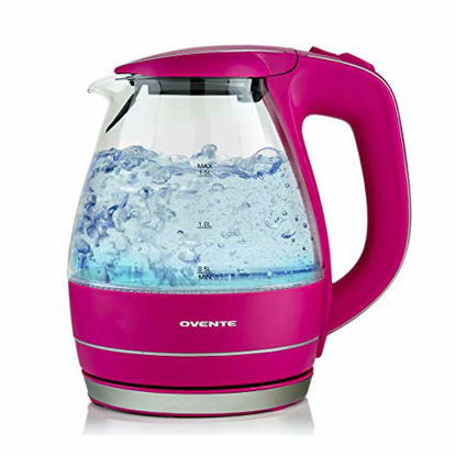 Picture of Ovente Portable Electric Glass Kettle 1.5 Liter with Blue LED Light and Stainless Steel Base, Fast Heating Countertop Tea Maker Hot Water Boiler with Auto Shut-Off & Boil Dry Protection, Pink KG83F