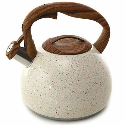 Picture of Tea Kettle, 2.7 Quart BELANKO Teapot for Stovetops Wood Pattern Handle with Loud Whistle Food Grade Stainless Steel Tea Pot Water Kettle - White