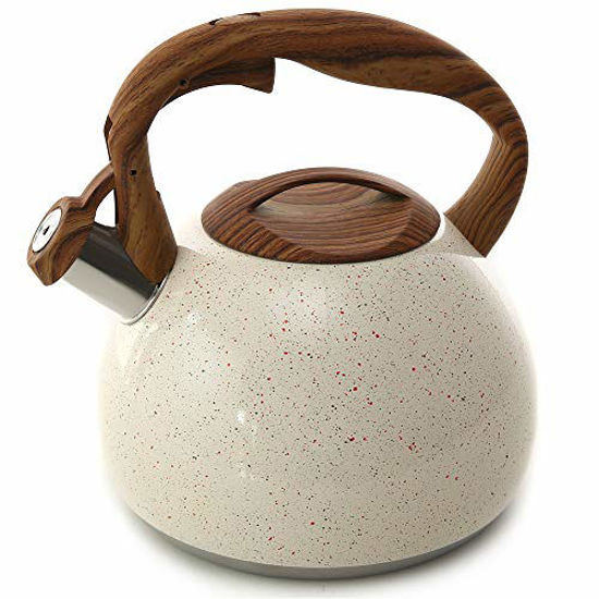 Picture of Tea Kettle, 2.7 Quart BELANKO Teapot for Stovetops Wood Pattern Handle with Loud Whistle Food Grade Stainless Steel Tea Pot Water Kettle - White