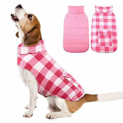 Picture of Kuoser British Style Plaid Dog Winter Coat, Windproof Cozy Cold Weather Dog Coat Dog Apparel Dog Jacket Dog Vest for Small Medium and Large Dogs with Pocket & Leash Hook Pink XS