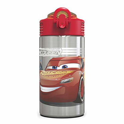 Picture of Zak Designs Disney Cars 3 - Stainless Steel Water Bottle with One Hand Operation Action Lid and Built-in Carrying Loop, Kids Water Bottle with Straw Spout is Perfect for Kids (15.5 oz, 18/8, BPA-Free)