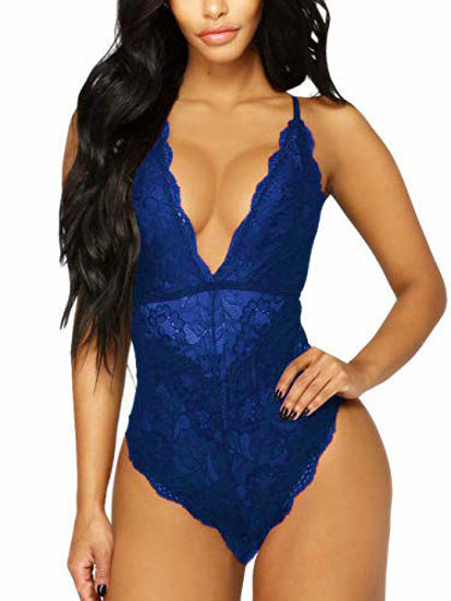 GetUSCart- Kaei&Shi V-Neck See Through Lingerie Floral Lace Babydoll Sexy  Lingerie for Women One Piece Teddy Bodysuit Blue Medium