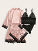 Picture of WDIRARA Women's 4 Pieces Lace Lingerie with Satin Belt Robe Sexy Pajama Set Pink XL